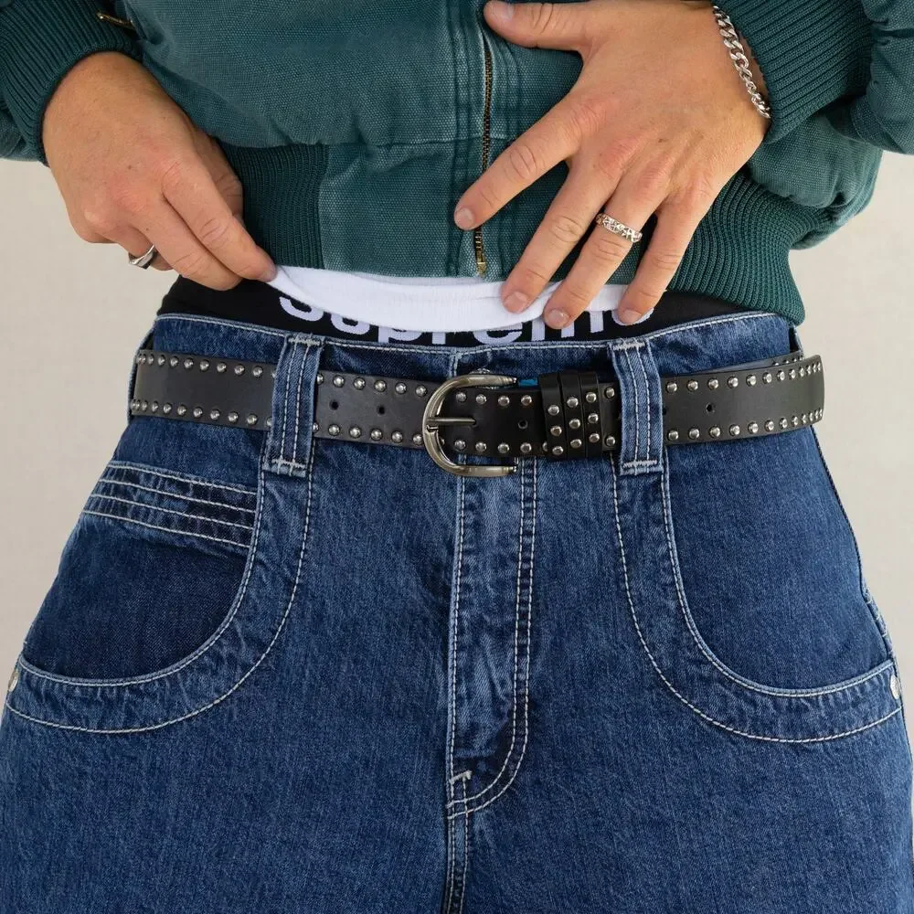 Vintage Black Studded Leather Belt Triple Row Silver Studs Y2K Streetwear Unisex